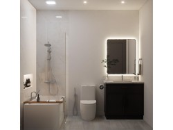 Contemporary bathroom featuring a dark wood vanity with a light stone countertop, a backlit mirror, and a sleek white toilet - 