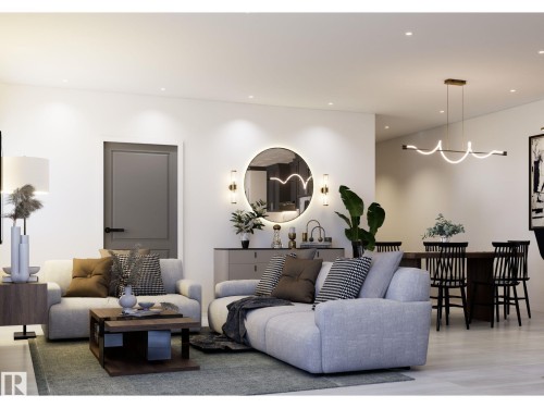 Open-concept living and dining area featuring recessed lighting, light wood-finish flooring, and a contemporary linear chandelier - 10919 106 Ave, Westlock, AB 
