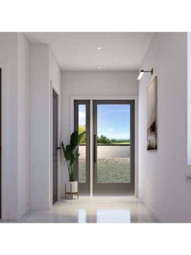 Entryway featuring a double door with opaque glass, a sidelight, and sleek black hardware - 10919 106 Ave, Westlock, AB 