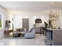 Open-concept living space featuring light wood-finish flooring, recessed lighting, and a modern kitchen island with an integrated sink and bar seating - 