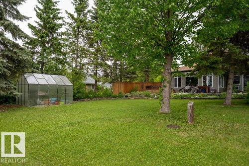 Expansive grassy yard featuring a clear-paneled greenhouse, mature trees, and a visible portion of the property's exterior with multiple windows - A38 Bernice Ave, Rural Leduc County, AB 