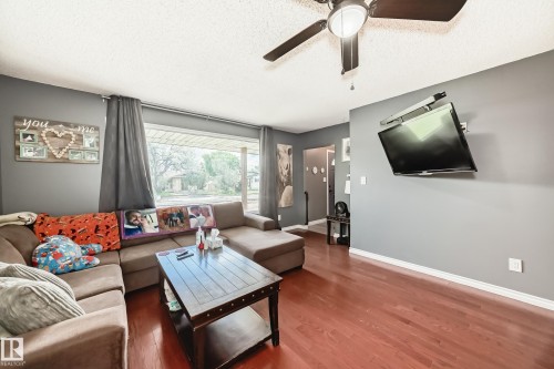 Spacious living area featuring wood-finish flooring, a ceiling fan, and a large window - 5106 19 Avenue, Edmonton, AB 