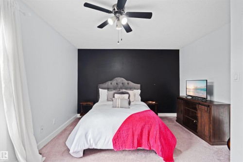 Bedroom featuring a dark accent wall, light gray walls, and light pink carpeting - 12128 25 Avenue, Edmonton, AB - Indoor Photo Showing Bedroom