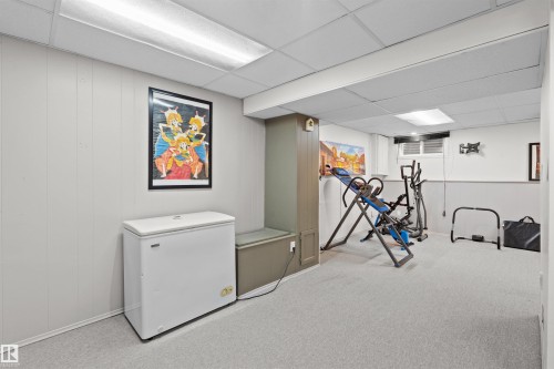 Finished basement space featuring light gray carpeting and white paneling - 12128 25 Avenue, Edmonton, AB - Indoor