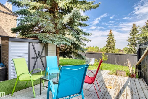 Outdoor deck space with a composite storage shed, mature evergreen tree, and a dark-stained privacy fence - 12128 25 Avenue, Edmonton, AB - Outdoor With Deck Patio Veranda