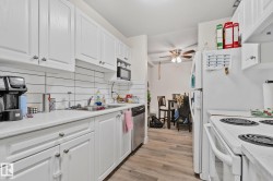 Kitchen featuring white cabinetry, a single basin stainless steel sink, a dishwasher, a microwave, and a white refrigerator - 