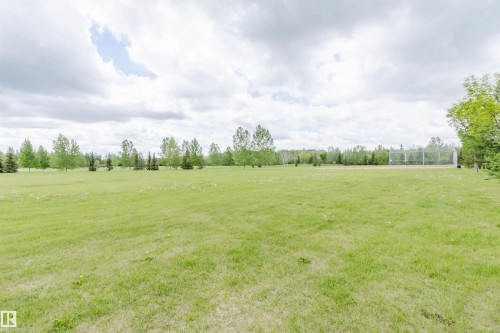 Expansive green space featuring a large grassy field, distant tree line, and a fenced-in recreational court - 21223 58 Avenue, Edmonton, AB 