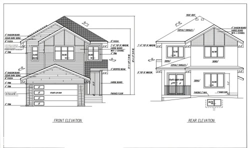 Architectural Blueprint. Presenting front and rear elevations of the property - 13140 187 Avenue, Edmonton, AB 