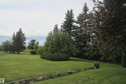 Expansive lawn bordered by mature evergreen trees and deciduous trees - 