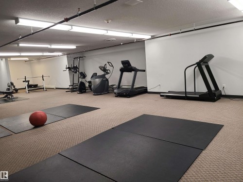 Dedicated fitness area with textured carpeting and overhead fluorescent lighting - 116 5005 165 Avenue, Edmonton, AB 
