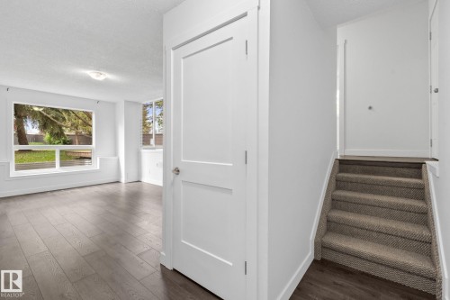 Entryway with a contemporary white door, featuring wood-finish flooring, a carpeted staircase, and abundant natural light from multiple windows - 2832 135 Avenue, Edmonton, AB - Indoor Photo Showing Other Room