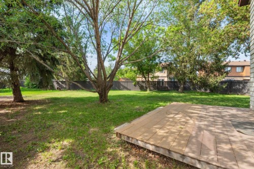 Expansive backyard featuring a large tree, a manicured lawn, and a wooden deck - 2832 135 Avenue, Edmonton, AB - Outdoor