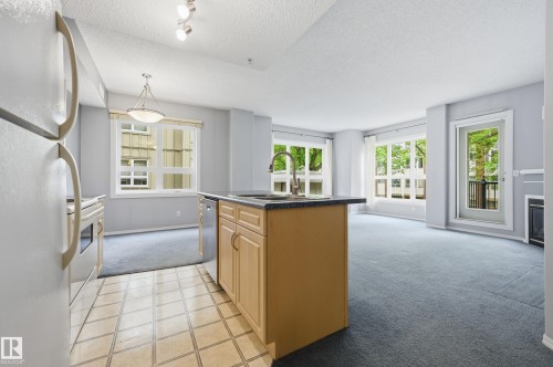 Open-concept kitchen and living area featuring a central island with an undermount sink and stainless steel dishwasher - 203 11103 84 Avenue, Edmonton, AB 