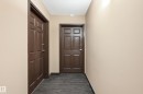 Neutral beige wall paint with a textured white ceiling, dark brown paneled doors with silver hardware, and dark gray carpet flooring - 203 11103 84 Avenue, Edmonton, AB 