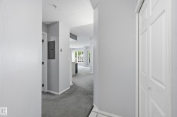 Entryway featuring light gray walls, white trim, and a textured ceiling - 