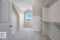Room featuring a vaulted ceiling, light gray carpeting, and a double-hung window - 