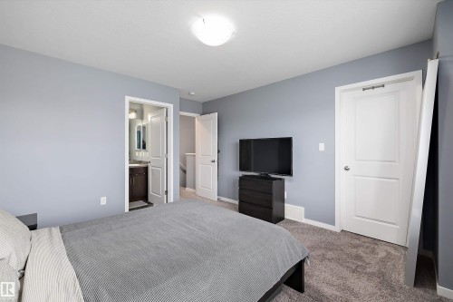 Bedroom with soft gray wall color and plush gray carpeting - 2833 Chokecherry Place, Edmonton, AB 
