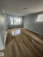 Spacious interior room featuring wood-finish flooring, light gray wall paint, white baseboards, and a contemporary ceiling light fixture - 