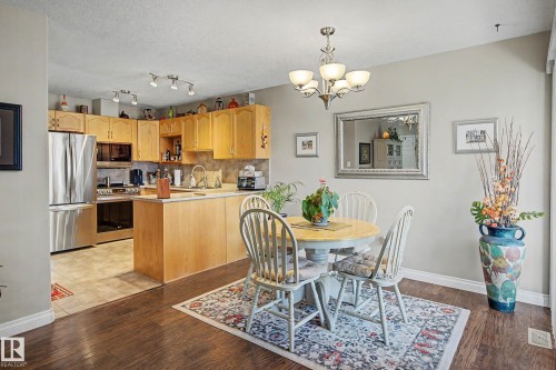 Open-concept kitchen and dining area featuring wood-finish flooring, light wood cabinetry, stainless steel appliances, and a polished nickel chandelier - 21 1850 Mill Woods Road E, Edmonton, AB 