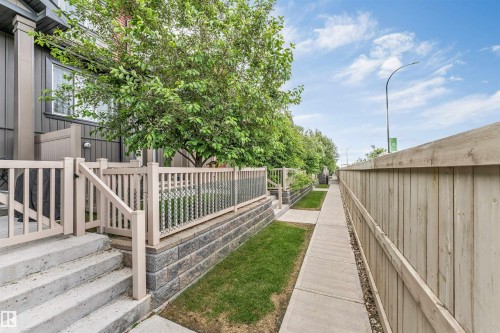 Exterior walkway featuring concrete paving, a tall wooden fence, and maintained grass areas - 116 3305 Orchards Link Sw, Edmonton, AB 