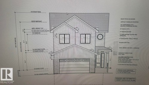 Architectural Drawing. Illustrating the exterior elevation and material specifications for the property - 94 Rosa Crescent, St. Albert, AB 