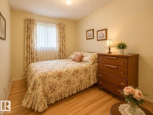 Bedroom featuring light wood-finish flooring, a single window with vertical blinds and patterned drapes, a semi-flush ceiling light, and warm-toned wall paint - 1 Munro Court, Leduc, AB 