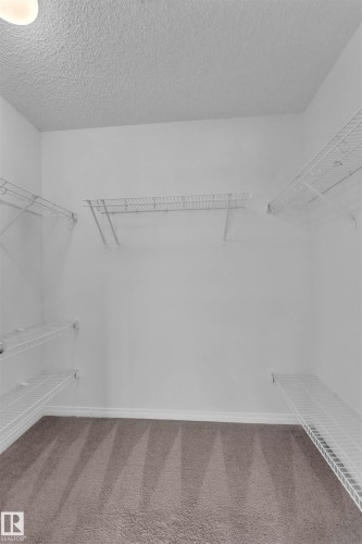 Walk-in closet with textured ceilings, white wire shelving, and neutral tone carpet flooring - 5405 Crabapple Loop, Edmonton, AB 