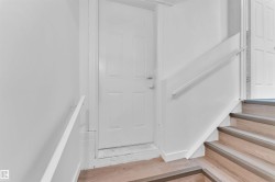 Staircase featuring wood-finish treads with dark risers and contrasting white handrails - 