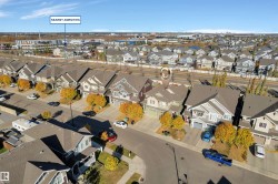 Residential street featuring detached properties with attached garages, paved driveways, and mature deciduous trees - 