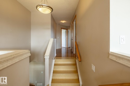 Staircase featuring light-toned carpeted treads, white painted risers, and a white wood-finish railing with a wood-finish handrail - 55 Lamplight Cove, Spruce Grove, AB - Indoor Photo Showing Other Room