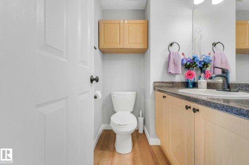 Bathroom featuring a single vanity with light wood-finish cabinetry, a white porcelain sink, and a dark countertop - 2921 23 Street, Edmonton, AB 