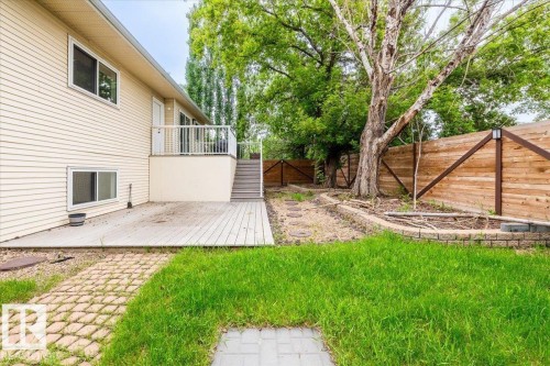 Expansive backyard featuring a manicured lawn, a large mature tree, and a wood privacy fence - 4107 147 Street, Edmonton, AB 