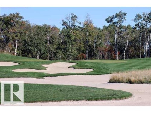 Manicured golf course green with multiple sand bunkers and a backdrop of mature deciduous and evergreen trees - 22 Whitetail, Mundare, AB 