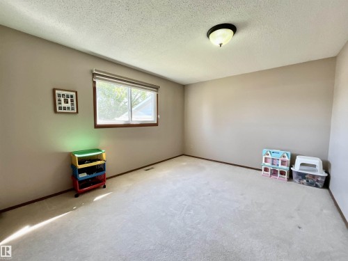 Carpeted room featuring a single window with a roller shade, a ceiling-mounted light fixture, and neutral-toned walls - 11031 166 Avenue, Edmonton, AB 