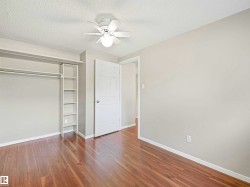 Room featuring wood-finish flooring, light gray wall paint, and white trim - 
