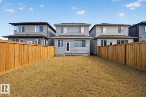 Expansive fenced backyard with a wood privacy fence and a rear elevation featuring light-colored siding, multiple windows, and a rear entry door with steps - 1684 12 Street, Edmonton, AB 
