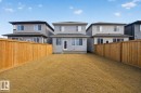 Expansive fenced backyard with a wood privacy fence and a rear elevation featuring light-colored siding, multiple windows, and a rear entry door with steps - 1684 12 Street, Edmonton, AB 