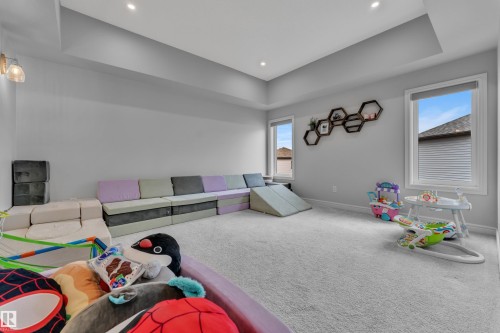 Spacious room featuring light gray walls, plush carpeting, a tray ceiling with recessed lighting, and two windows providing natural illumination - 17551 64 Street, Edmonton, AB 