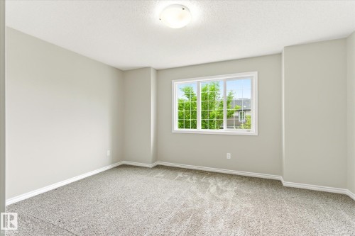 Neutral-toned room featuring a large window with white muntins, light gray carpeting, and white baseboards - 9039 219 Street, Edmonton, AB 