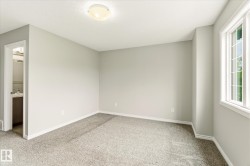 Carpeted room featuring light gray walls, white trim, and a multi-pane window - 