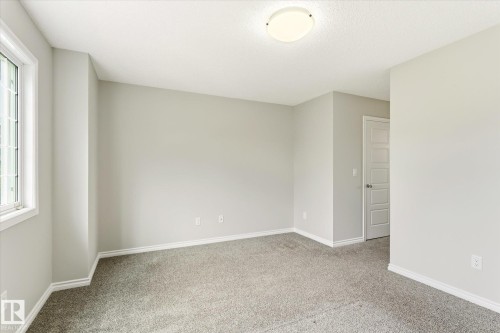 Room featuring light gray wall paint, gray carpet flooring, white baseboards, and a white ceiling with a flush-mount light fixture - 9039 219 Street, Edmonton, AB 