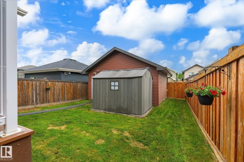 Manicured lawn with a detached storage shed, wood-panel fencing, and a wood gate - 9039 219 Street, Edmonton, AB 