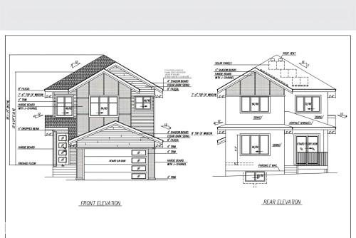 Architectural Drawings. Front and rear elevations of the property with material and dimension specifications - 13123 187 Avenue, Edmonton, AB 