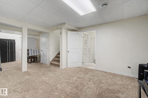 Lower level living area featuring plush carpeting, drop ceiling with fluorescent lighting, and white trim - 710 Glenwright Court, Edmonton, AB 