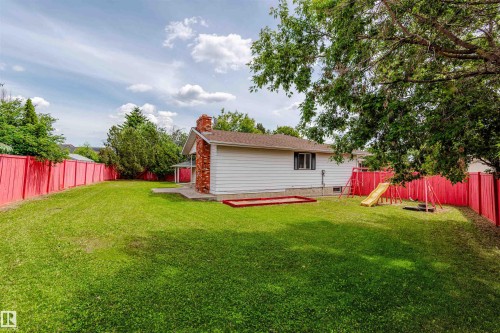 Expansive backyard featuring a manicured lawn, vibrant red privacy fencing, and mature trees - 16524 116 Street, Edmonton, AB 