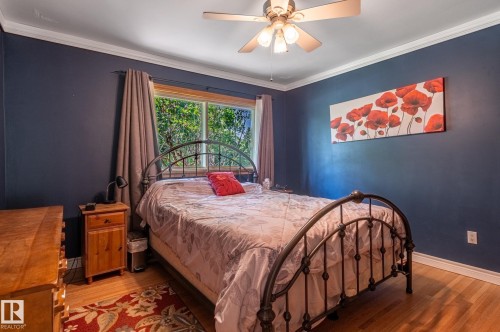 Interior room with wood-finish flooring, dark blue walls, and white crown molding - 14708 108 Av, Edmonton, AB 