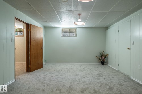 Finished room featuring light green walls, a drop ceiling, and gray carpeting - 14708 108 Av, Edmonton, AB 