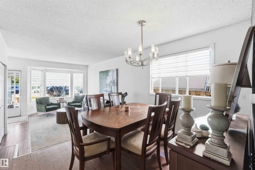 Open-concept living area featuring wood-finish flooring, a contemporary chandelier, multiple windows with blinds, and white painted walls - 18808 72A Avenue, Edmonton, AB 