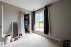 Carpeted interior room featuring a window with a black curtain rod, light gray wall paint, white baseboards, and a visible closet opening - 