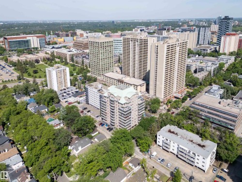 Aerial perspective showcasing a dense urban environment with a variety of architectural styles - 305 11111 82 Avenue, Edmonton, AB 
